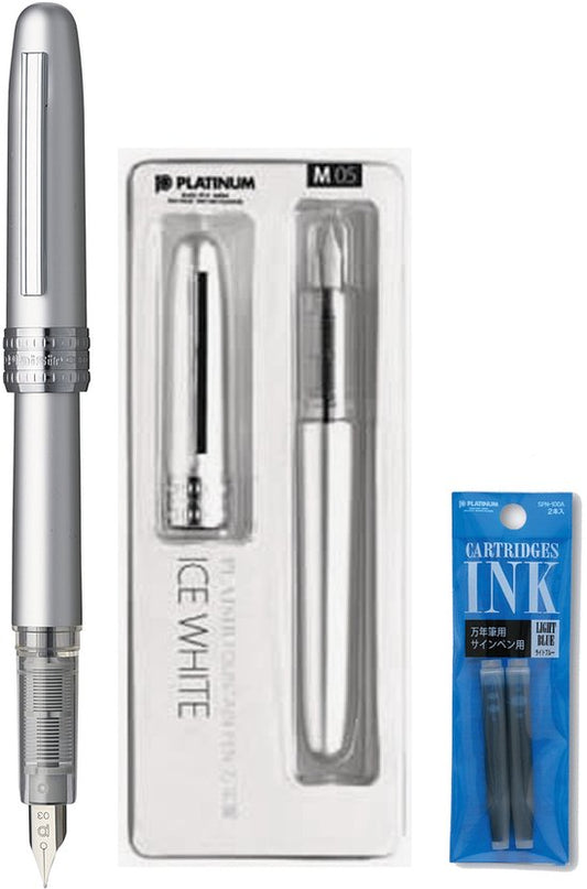Platinum Japan - Plaisir Fountain Pen - FIJN - Vulpen - Ice White - penpunt: fijn 03 - Met extra navullingen Lichtblauw