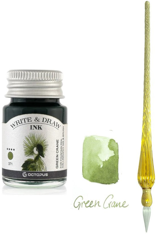 Glazen dip pen set Oranje - Potje Octopus inkt green crane