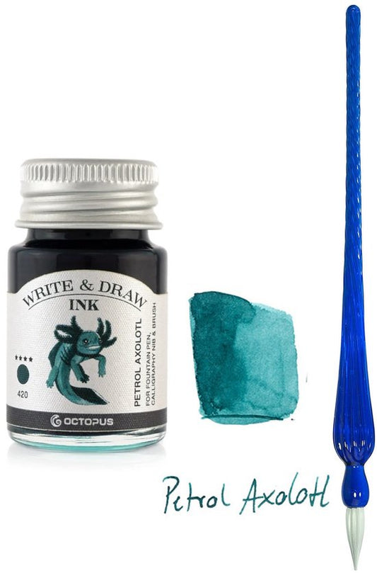 Glazen dip pen set Blauw - Potje Octopus inkt petrol axoloth