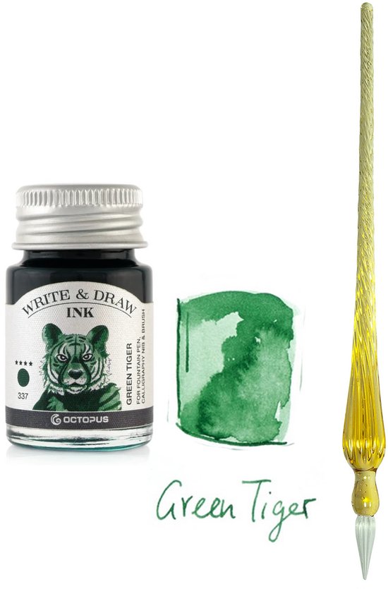 Glazen dip pen set Oranje - Potje Octopus inkt green tiger