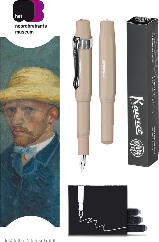 Kaweco - Vulpenset - 4delig - Vulpen Sport Skyline Macchiato Fountain Pen - Breed - Nostalgic Octagonal Clip Chrome - Doosje zwarte vullingen - Bekking & Blitz Boekenlegger -nr5