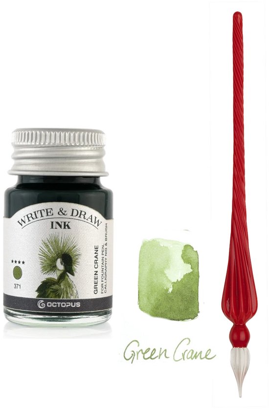 Glazen dip pen set in doosje - Rood - Potje Octopus inkt green crane