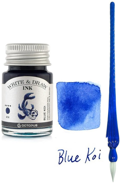 Glazen dip pen set Blauw - Potje Octopus inkt blauw-blue koi