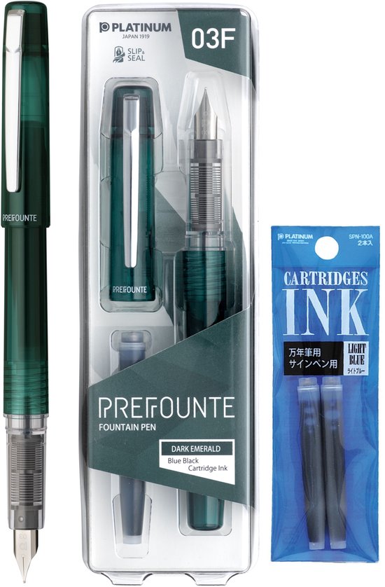Platinum - Preppy - Prefounte Vulpen - Fine - Dark Emerald - Met Lichtblauwe vullingen