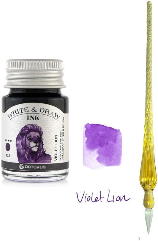 Glazen dip pen set Oranje - Potje Octopus inkt violet lion