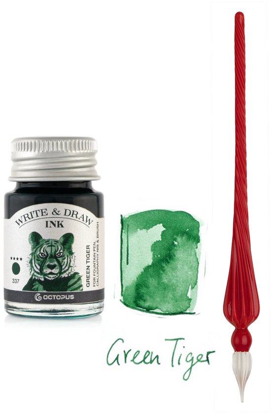 Glazen dip pen set in doosje - Rood - Potje Octopus inkt green tiger