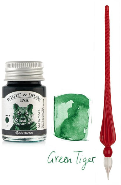 Glazen dip pen set in doosje - Rood - Potje Octopus inkt green tiger