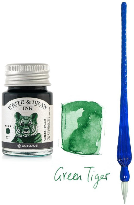 Glazen dip pen set Blauw - Potje Octopus inkt green tiger